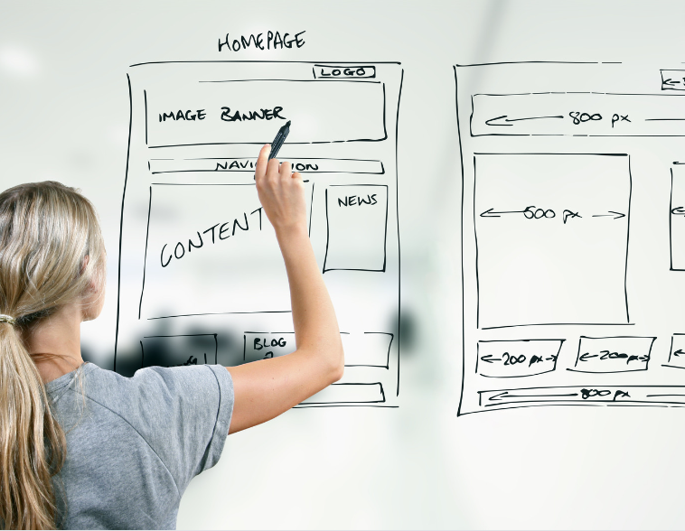 A woman with blonde hair is designing a website layout on a white board with a black marker